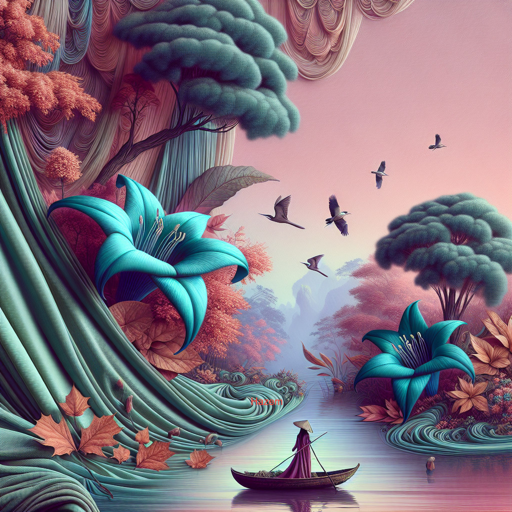 Tranquil River Landscape with Vibrant Flowers and Trees