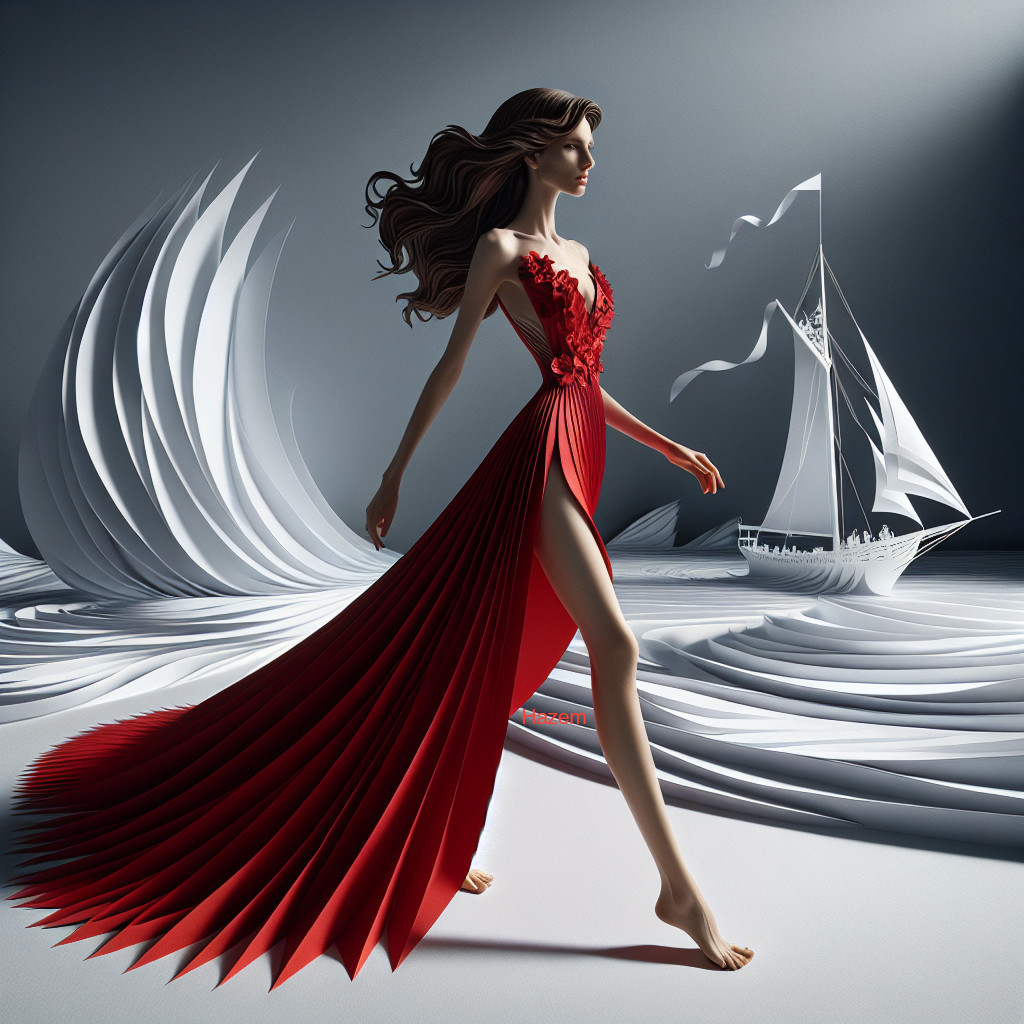 Model in Red Gown Against Minimalist Gray Background