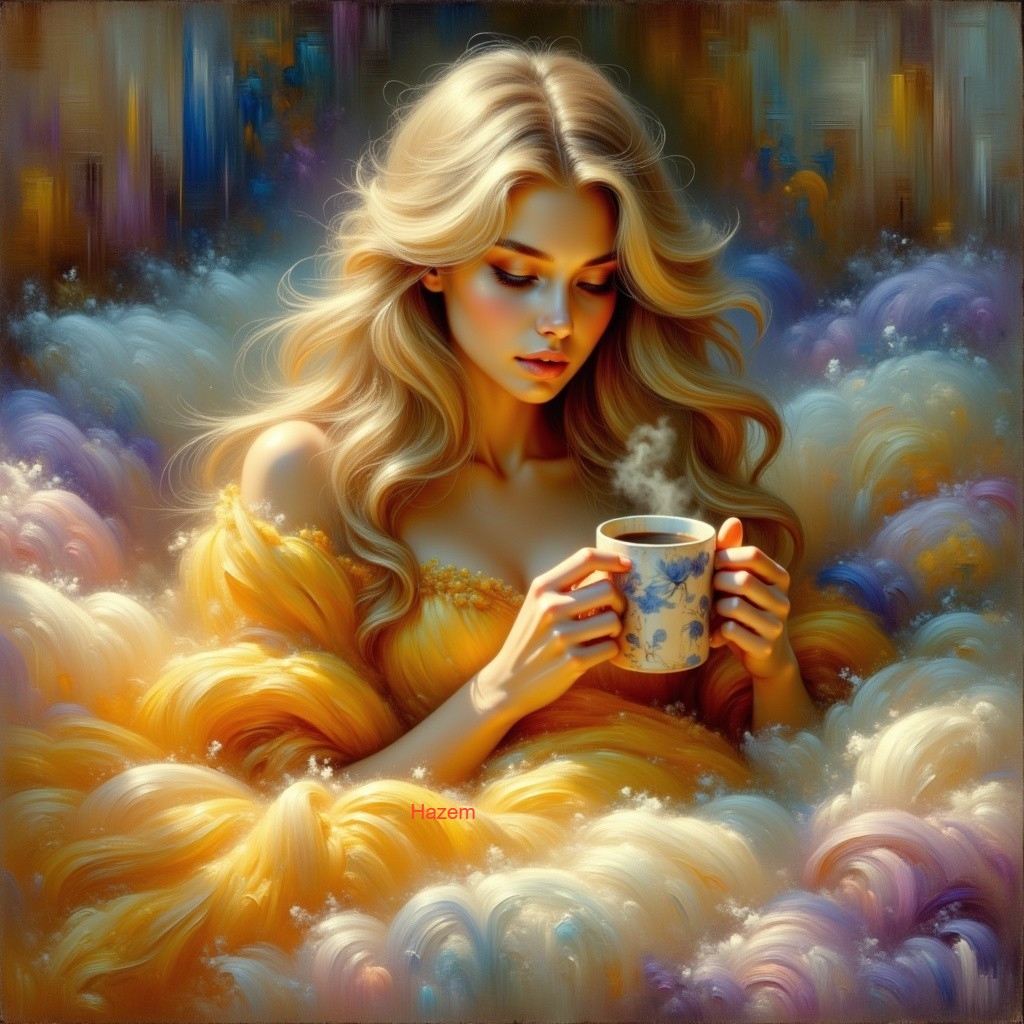 Serene Woman with Cup in Vibrant Colorful Clouds