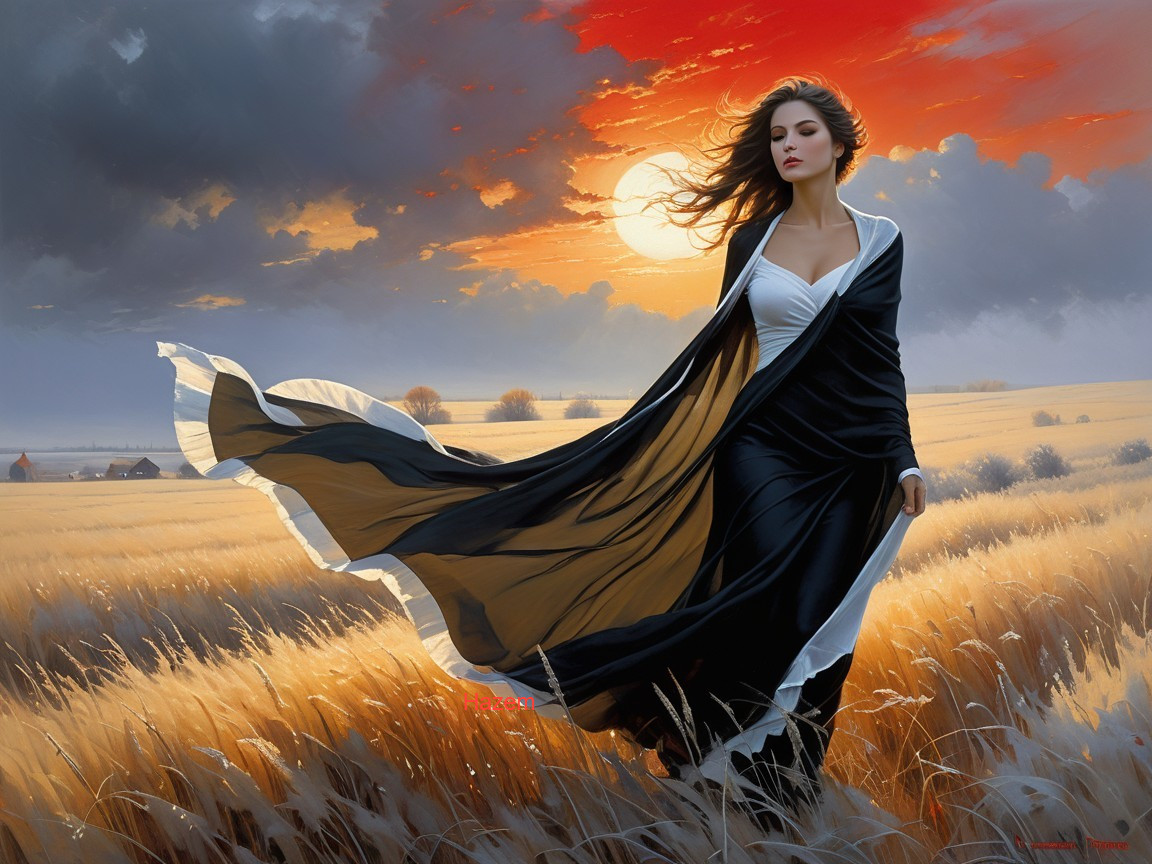 Woman in Black and White Gown in Wheat Field at Sunset