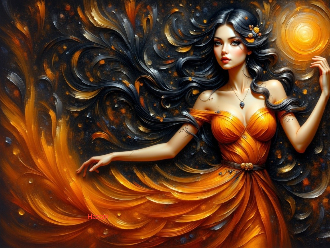 Elegant Woman in Vibrant Orange Gown with Flowers