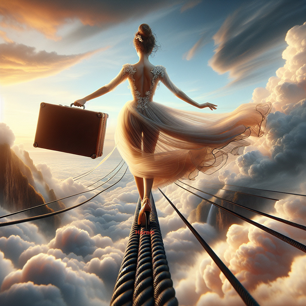 Tightrope Walker Over Clouds at Sunset in Pastel Hues