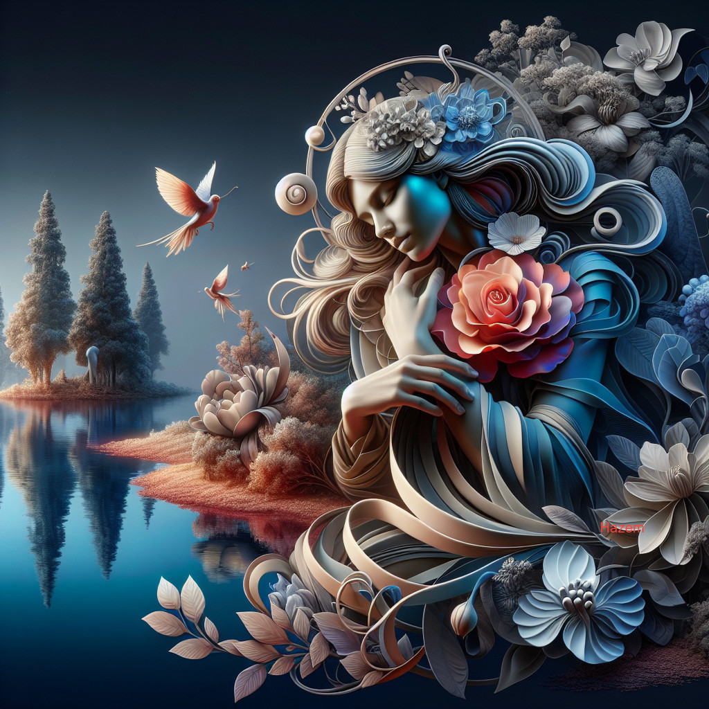 Ethereal figure with rose in tranquil floral scene