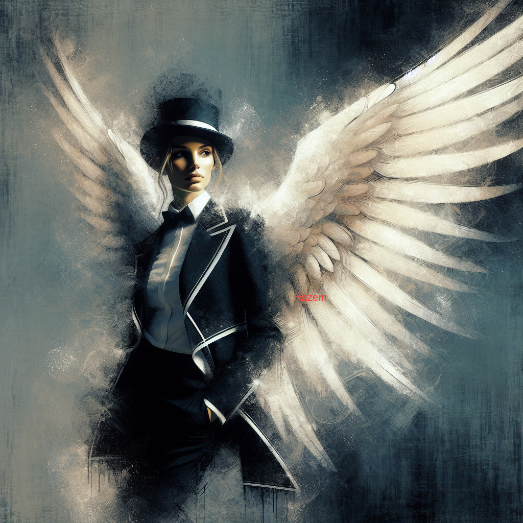 Elegant figure in tailored suit with ethereal wings