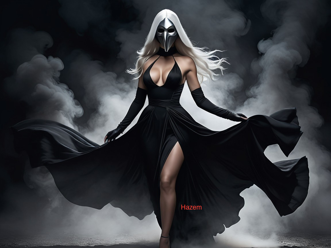 Mysterious Figure in Dark Gown with Mask and Smoke