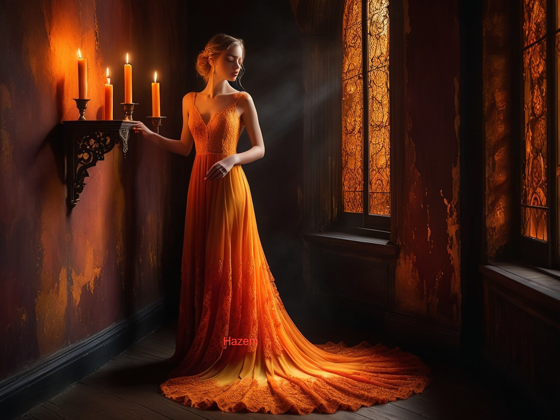 Elegant Woman in Gradient Gown in Dimly Lit Room