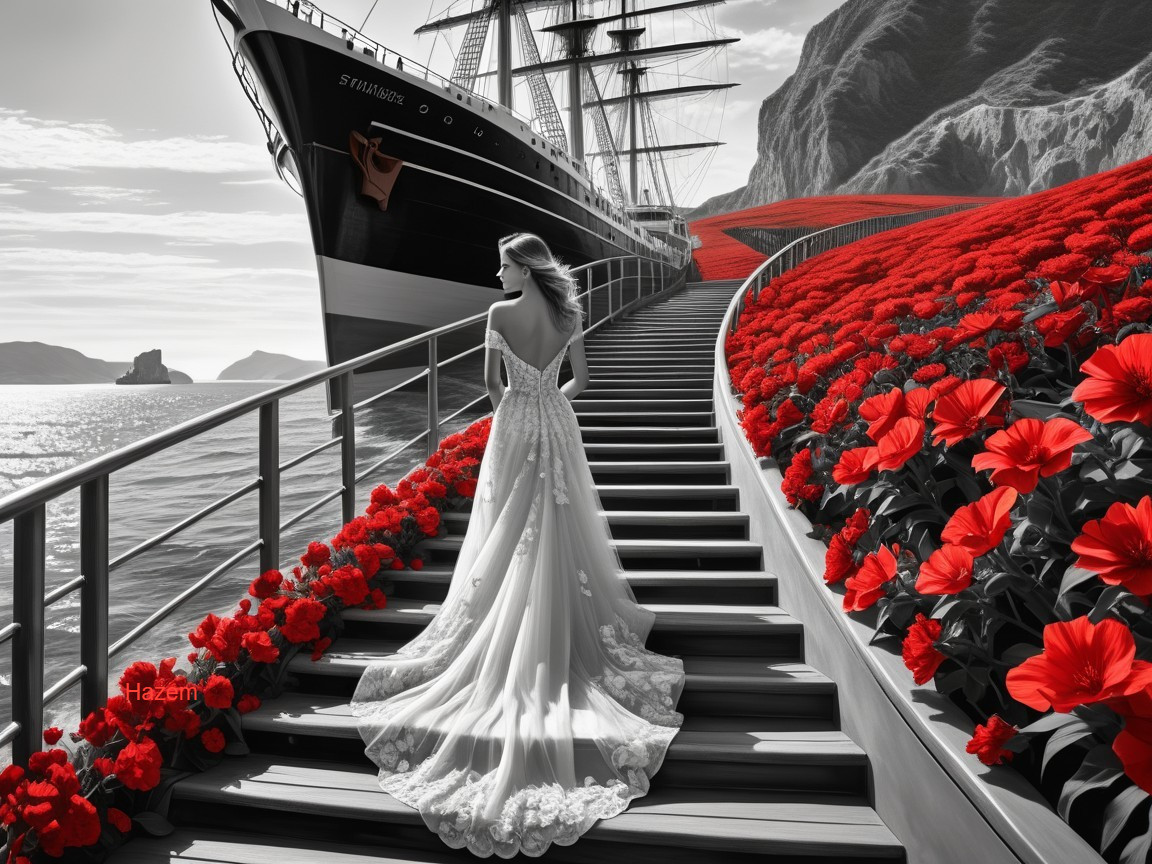 Elegant Woman on Staircase with Ship and Cliffs