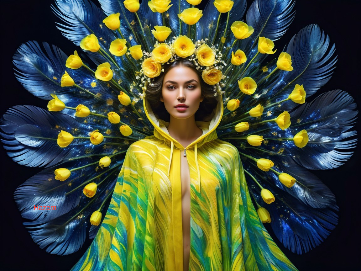 Portrait of a woman in a vibrant hooded cloak