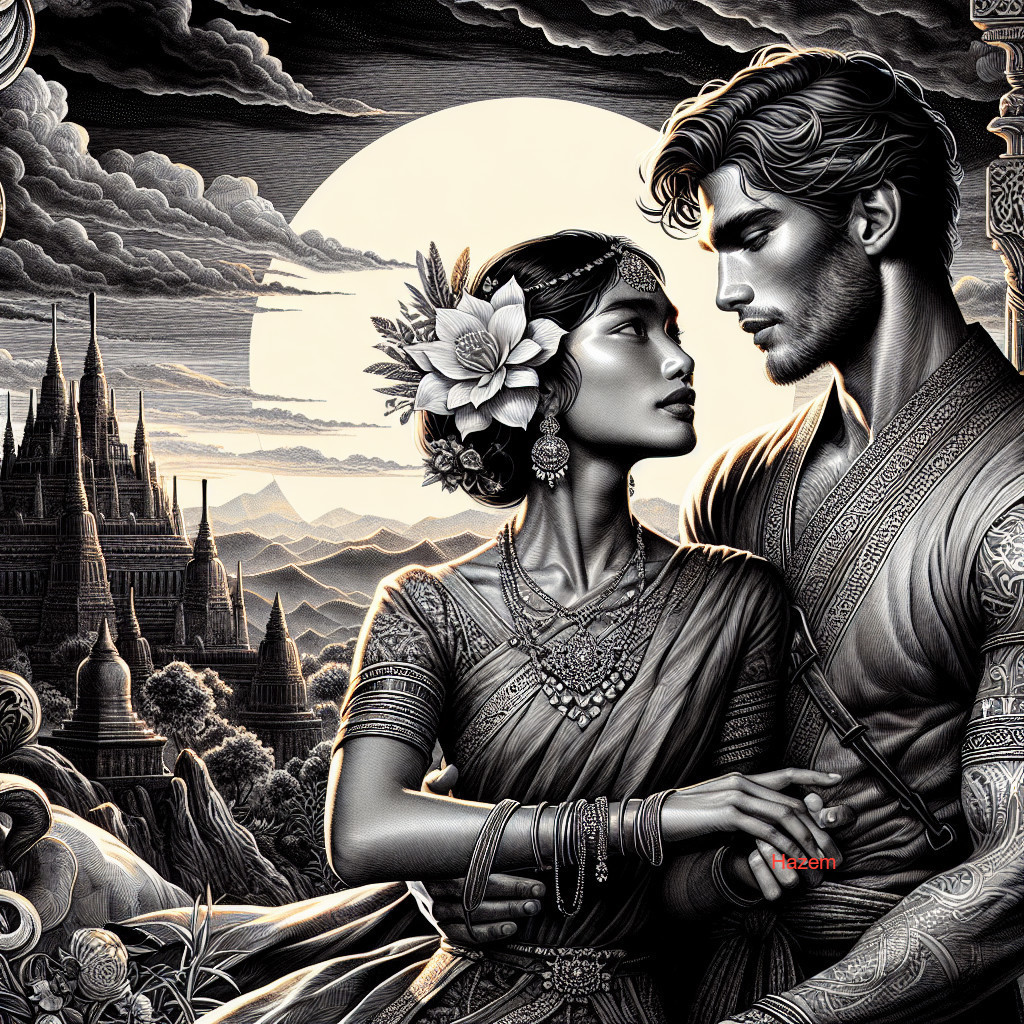 Black-and-white illustration of a romantic couple