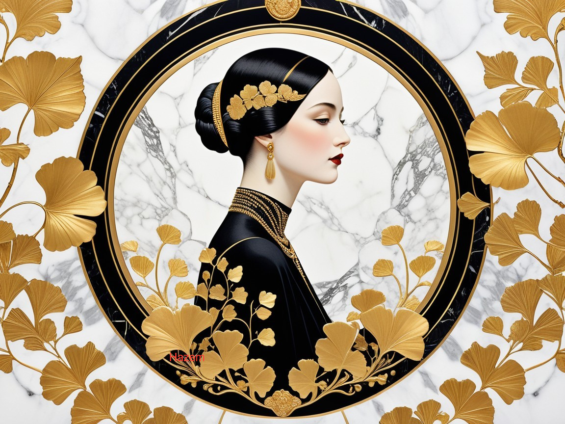 Sophisticated Woman in Black Gown with Ginkgo Design