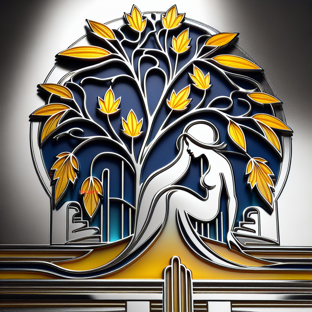 Stylized art of a serene figure under a golden tree