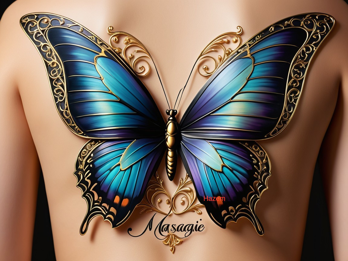 Intricate Butterfly Tattoo Design with Golden Flourishes