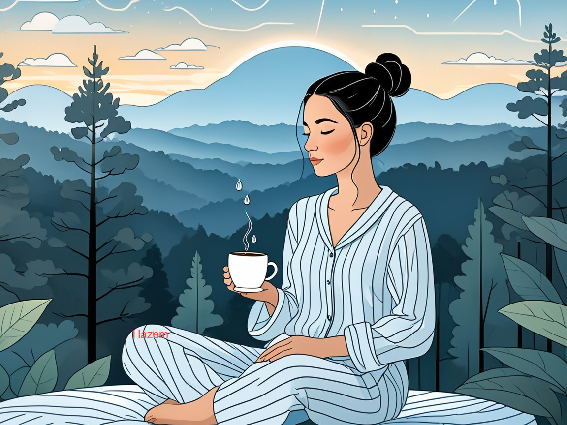 Serene Woman with Tea on Grassy Ledge at Dusk