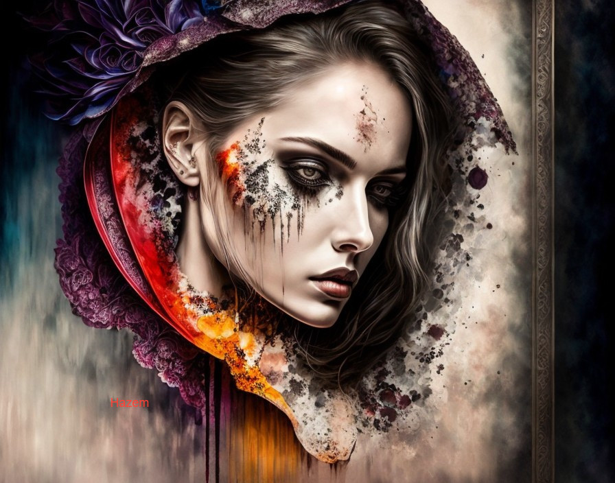 Fiery orange and dark tones on a woman with dramatic makeup