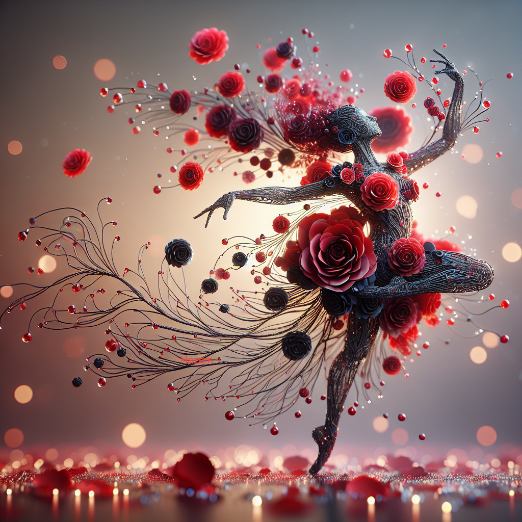 Intricate Floral Dancer Amidst Red Roses and Petals
