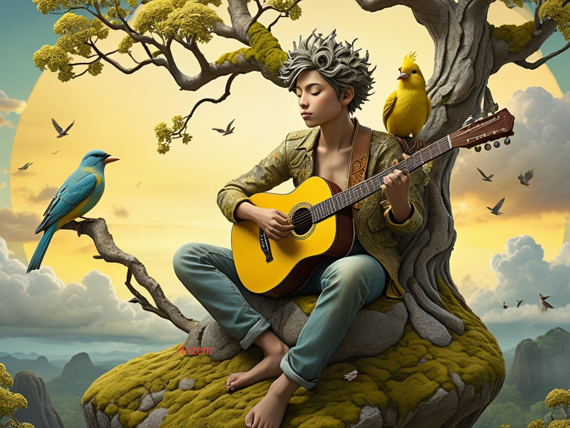 Young Person Playing Guitar in a Dreamlike Landscape