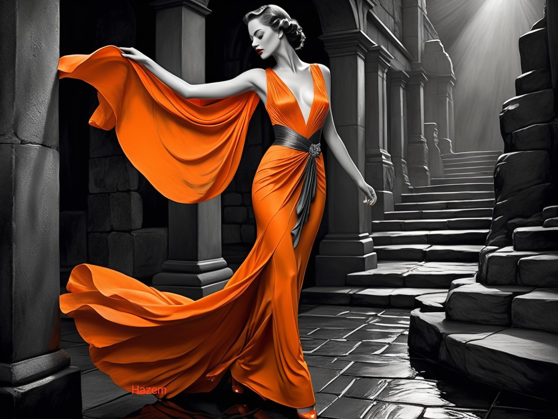 Fashion Model in Orange Gown Against Black-and-White Background