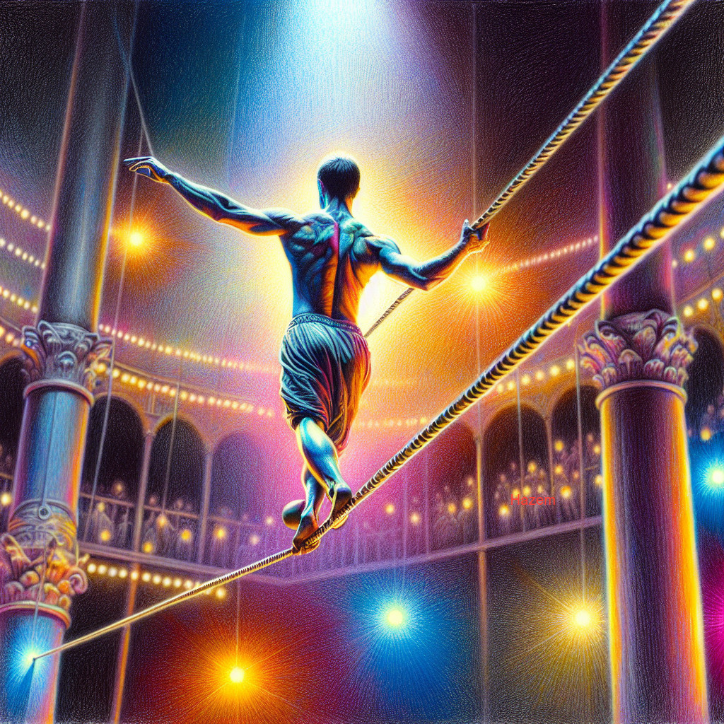Tightrope Walker Performing in Vibrant Circus Arena