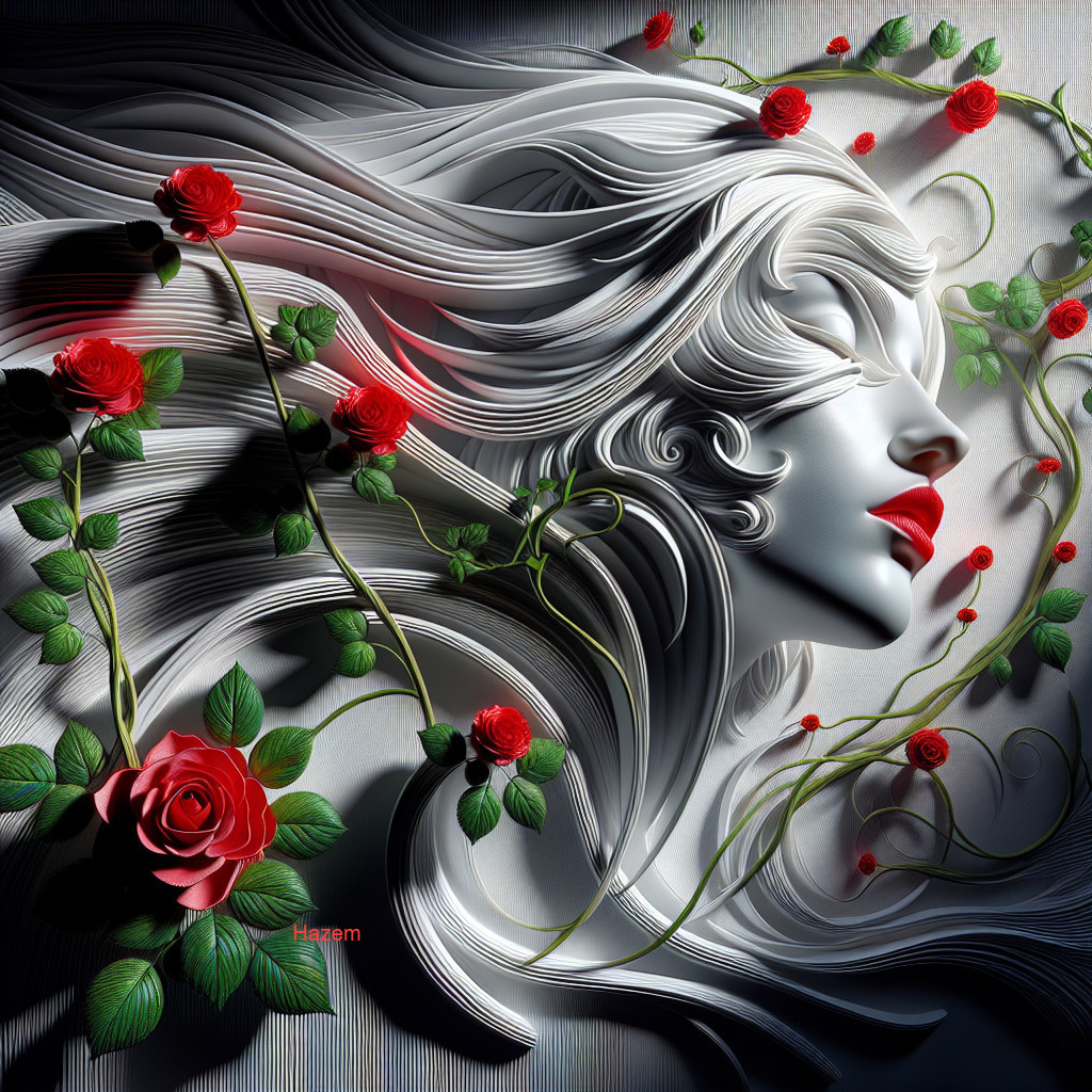3D Design of Woman's Face with Silver Hair and Roses