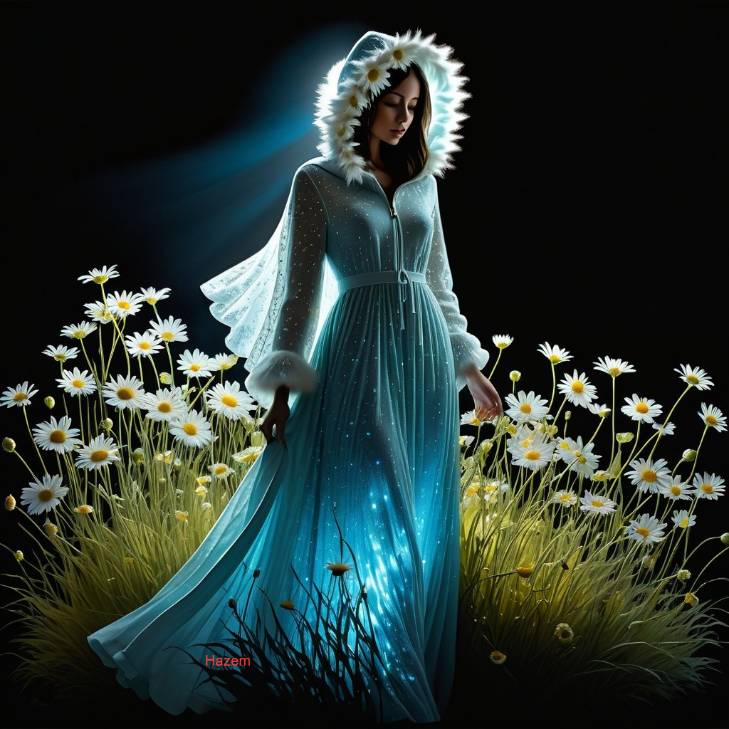 Ethereal figure in a field of glowing daisies