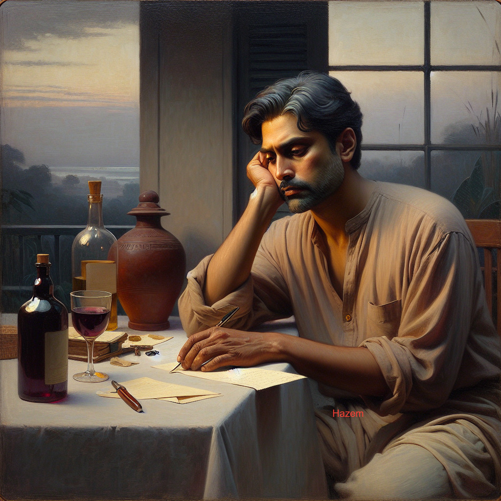 Pensive Man Contemplates Letters at Sunset Table