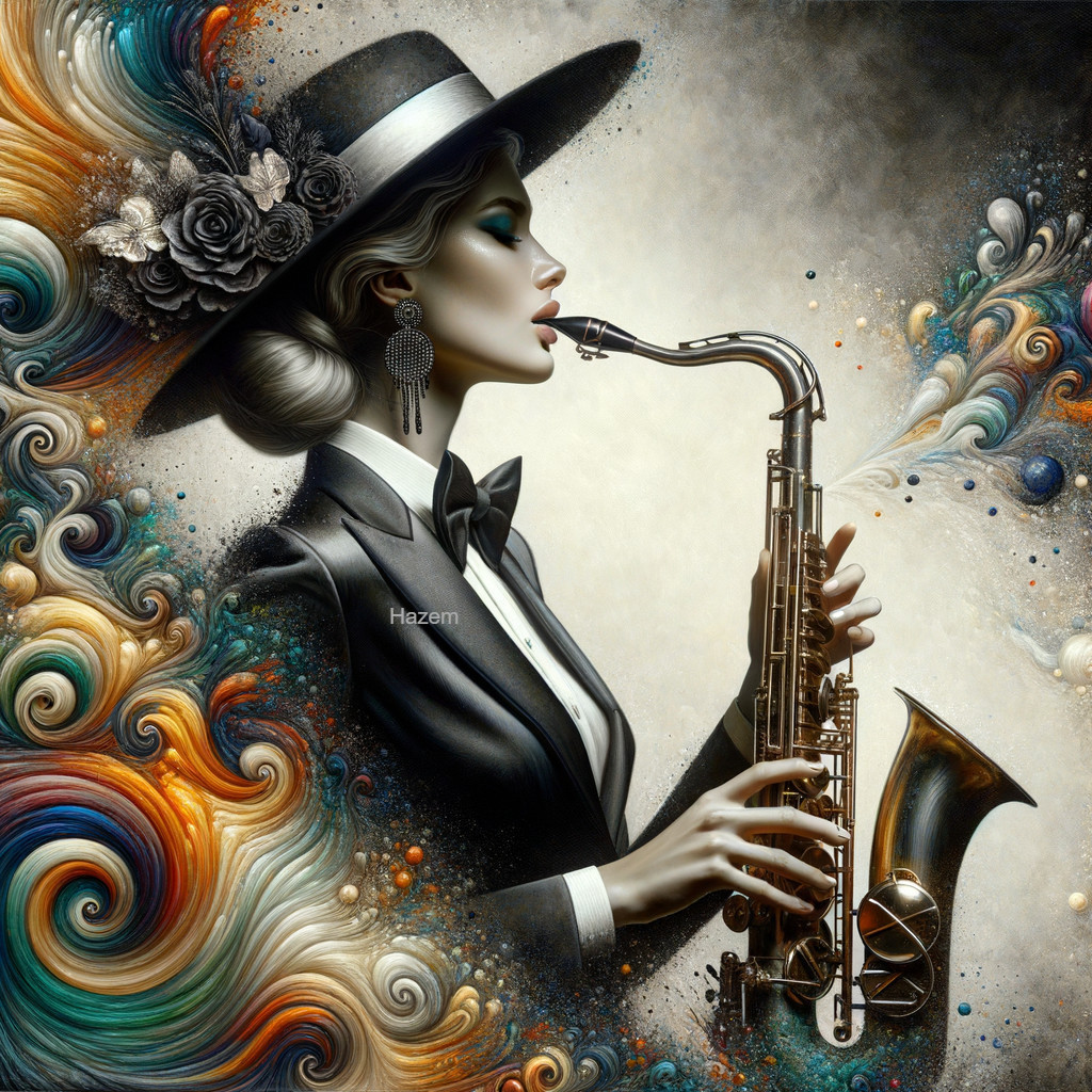 Elegant Woman in Tuxedo Playing Saxophone with Colorful Swirls