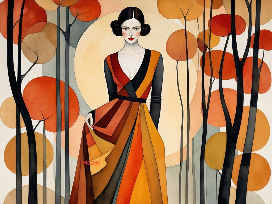 Stylized Woman in Abstract Orange and Brown Landscape