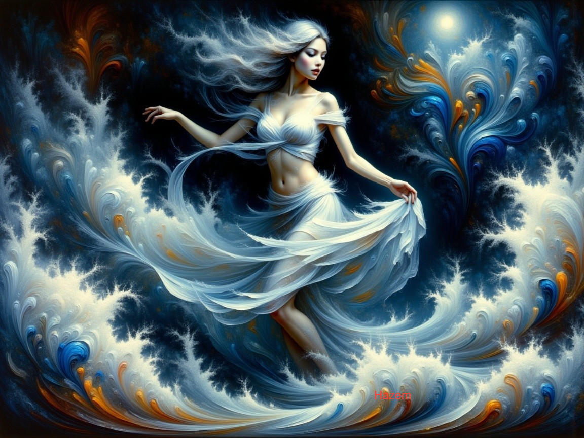 Graceful Woman Dancing in Ethereal Blue and Orange Patterns
