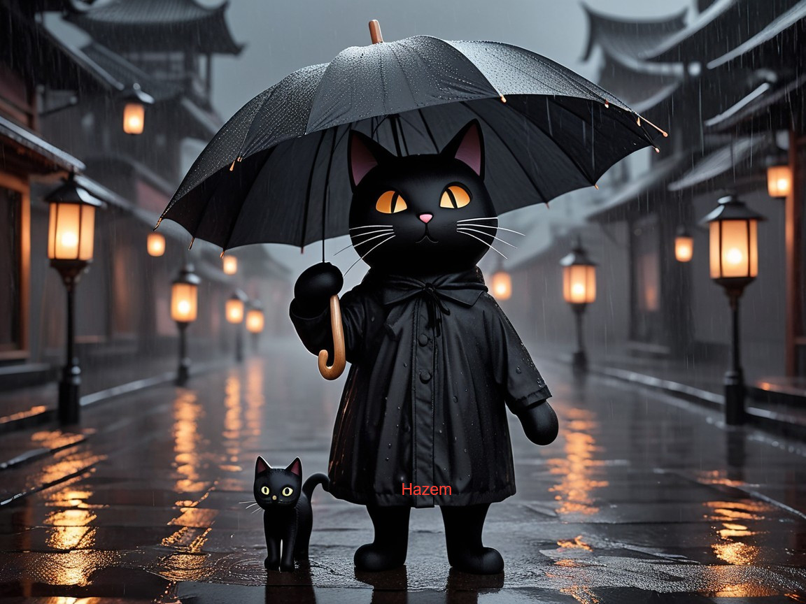 Whimsical Black Cat and Kitten Under Umbrella Scene