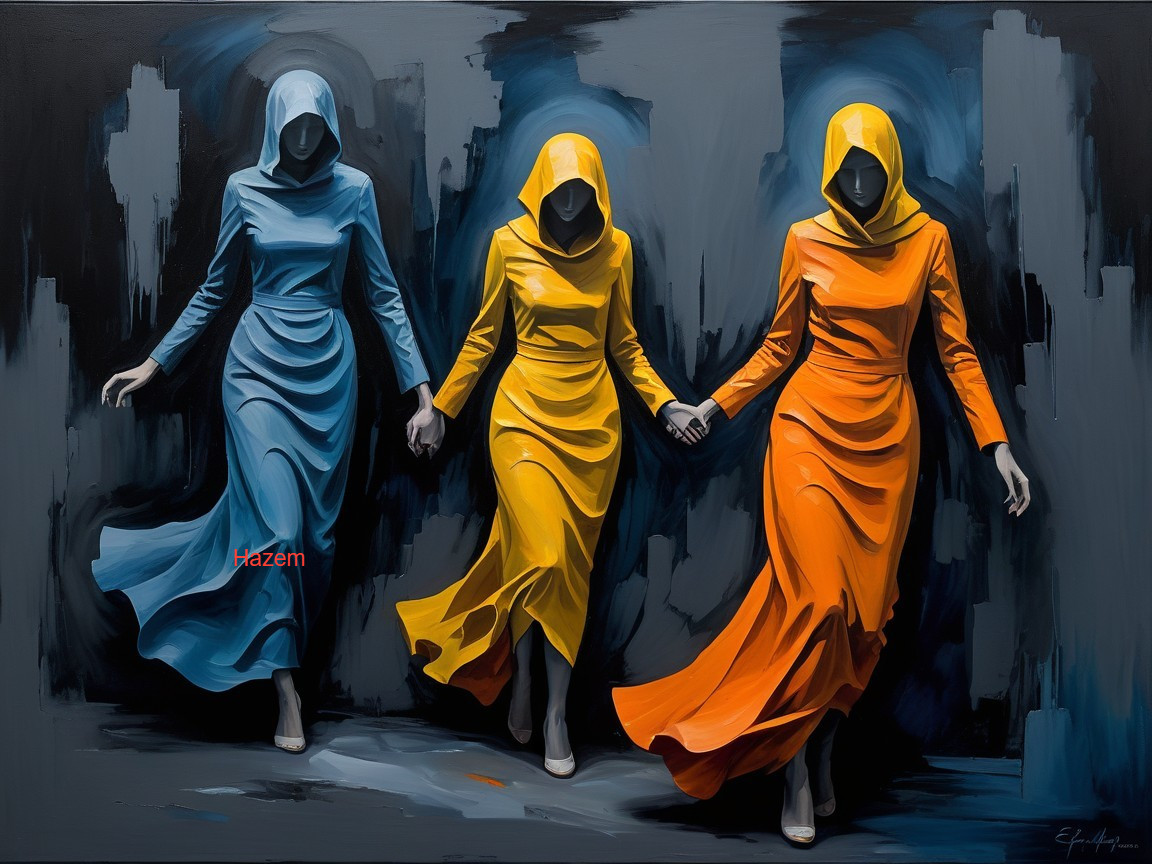 Three Figures in Vibrant Dresses Against Dark Background