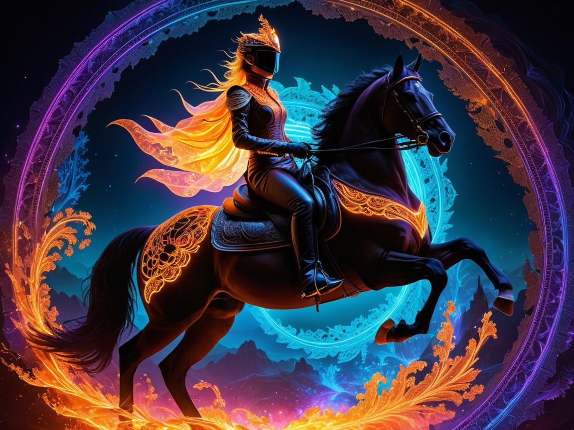 Futuristic knight on black horse in vibrant background