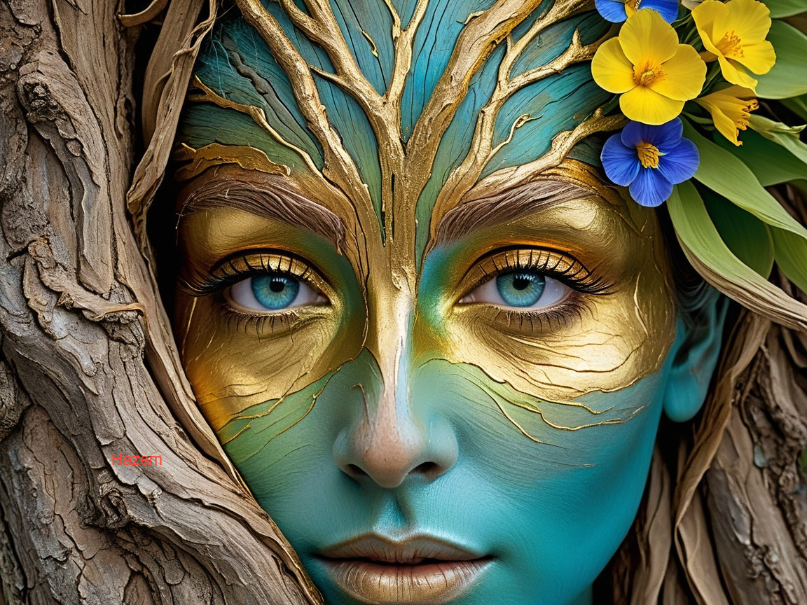 Portrait of a woman with blue and gold face paint