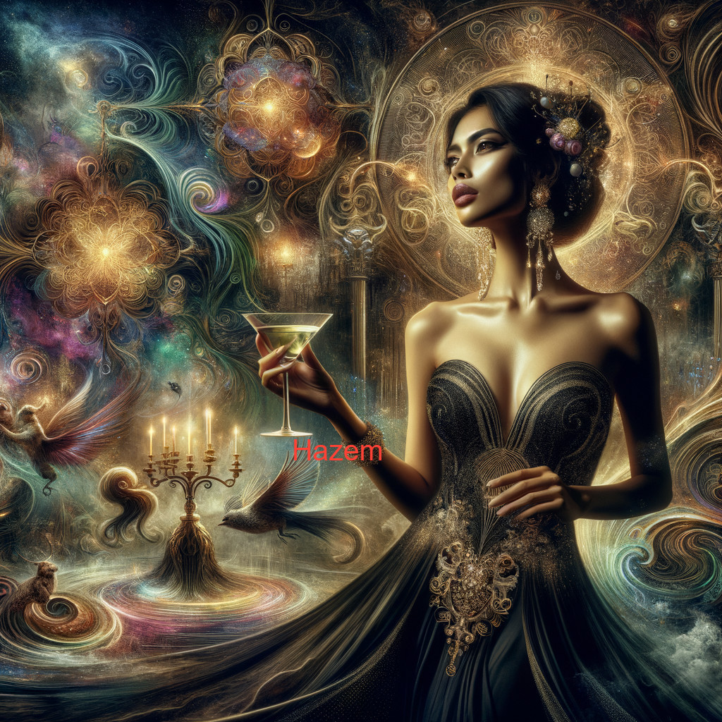 Ethereal Scene of Woman in Black Gown with Cosmic Elements