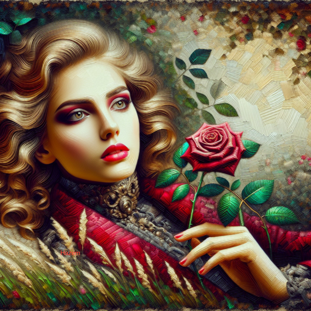 Portrait of a woman with voluminous hair and rose