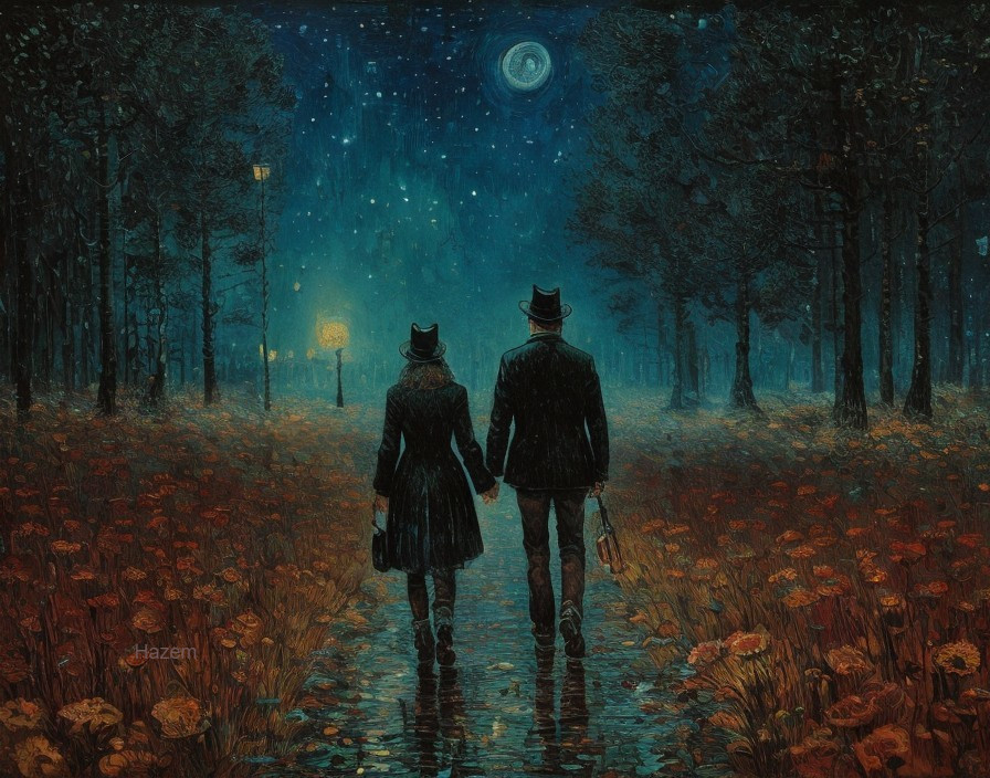 Couple in Vintage Attire on Moonlit Pathway