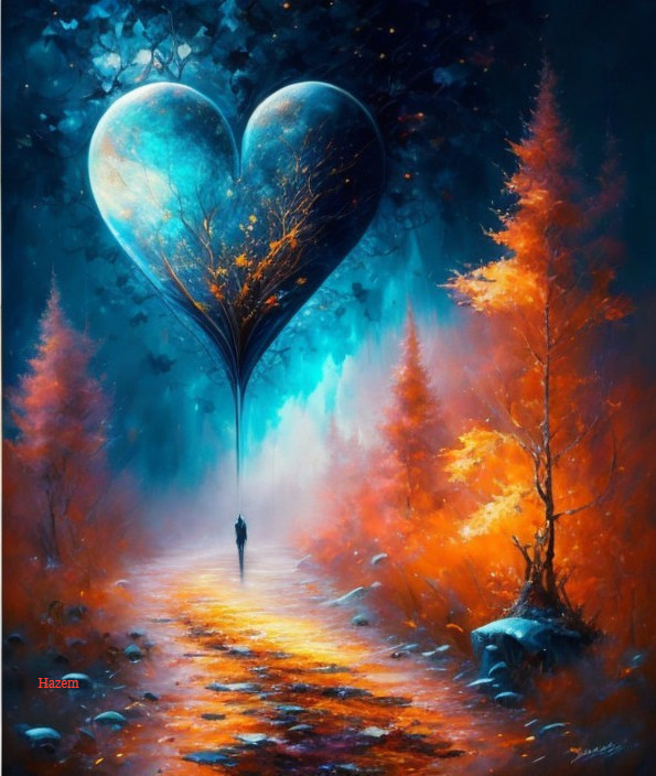 Autumnal forest path with heart-shaped balloon and orange trees