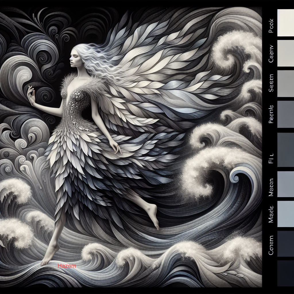 Surreal Figure in Turbulent Waves with Ethereal Elements