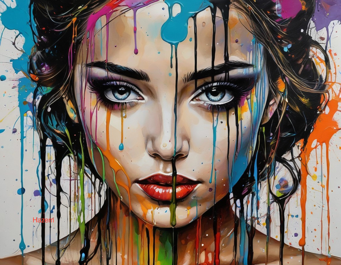 Colorful Paint Drips on Hyper-Realistic Woman's Portrait