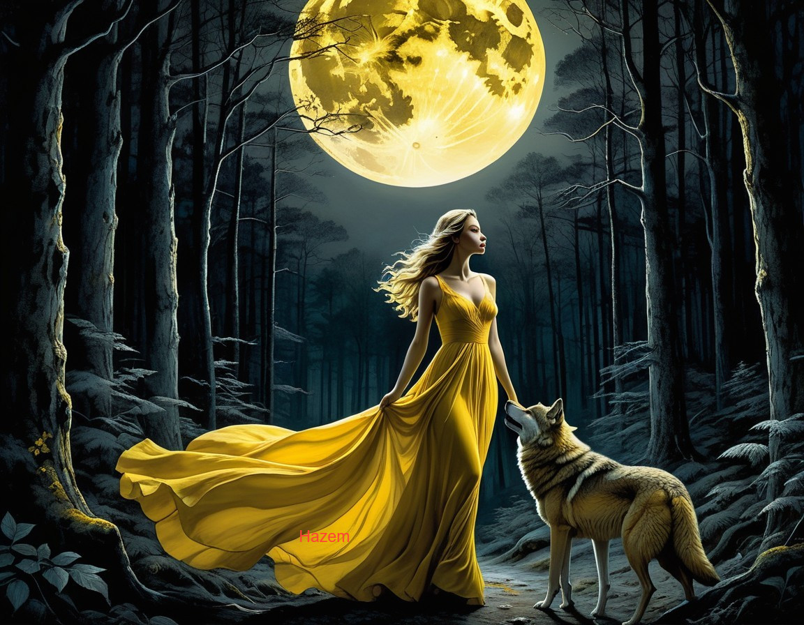 Woman in Yellow Gown with Wolf Under Full Moon