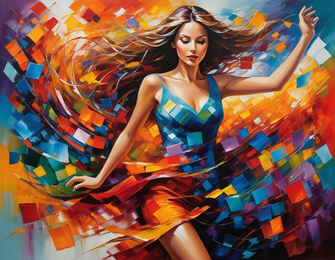 Abstract Portrait of a Dancing Woman in Colorful Squares