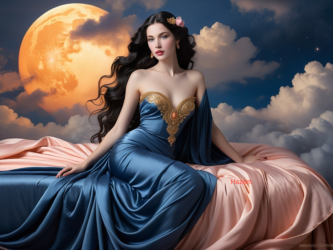 Elegant Woman in Blue Gown on Draped Bed with Moon
