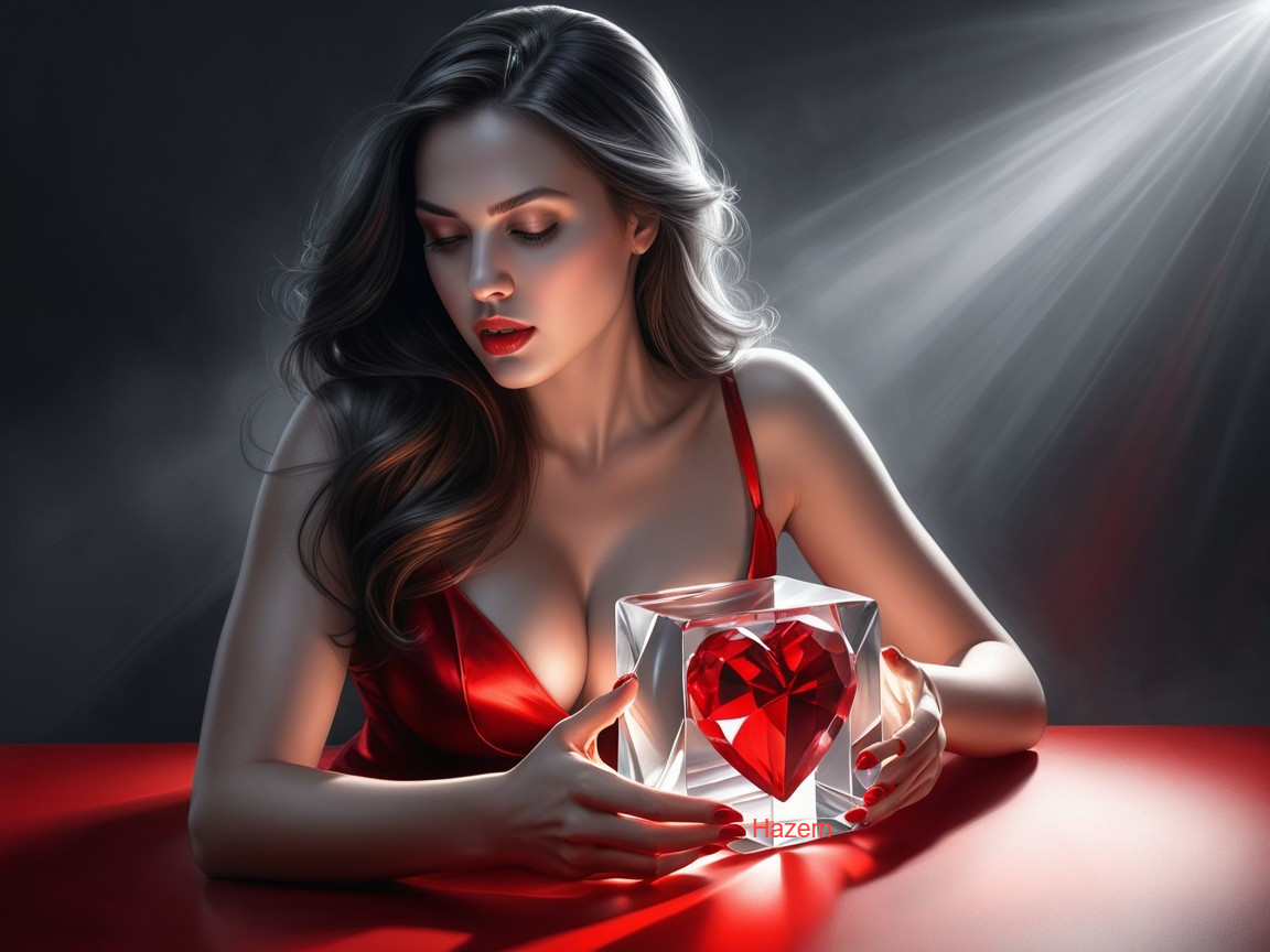 Woman in Red Dress with Heart-Shaped Gem at Table