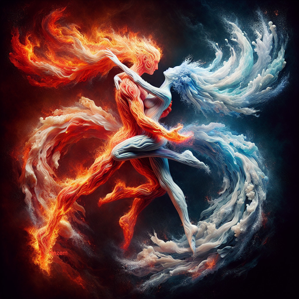 Ethereal Figures in Fire and Water Dance Composition