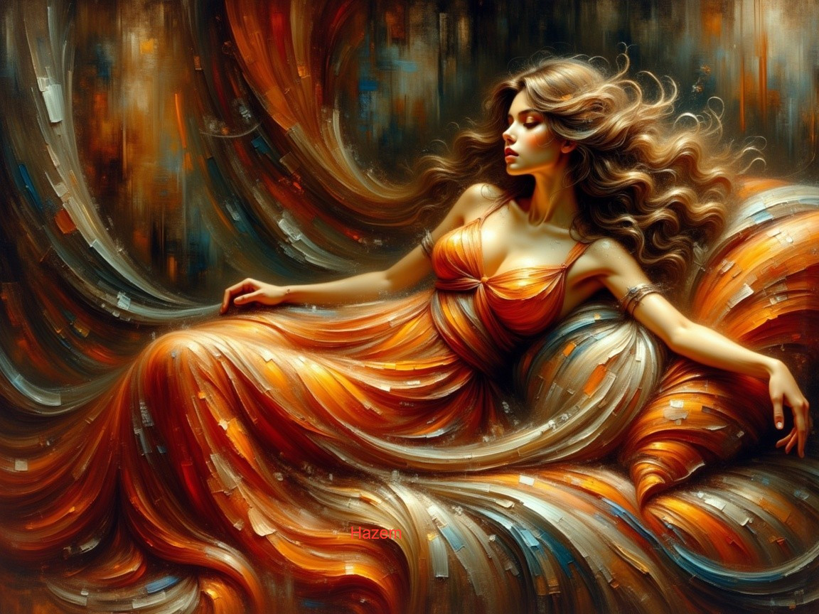 Woman in vibrant orange and gold dress reclines gracefully