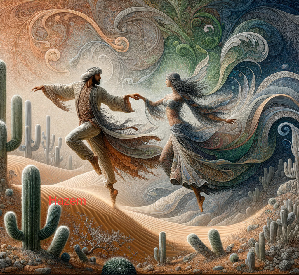 Two figures in flowing robes dance in desert landscape with cacti and swirling sky.