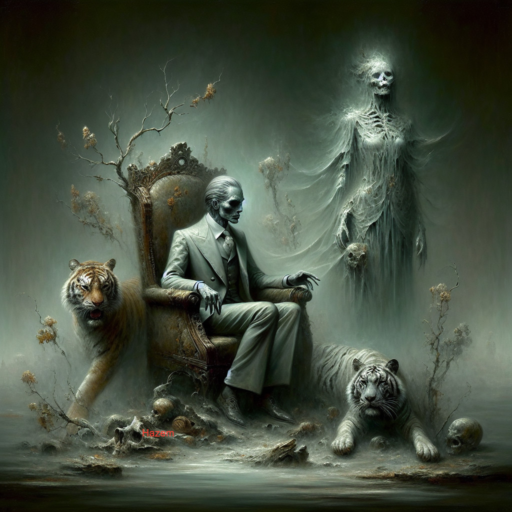Skeleton in Suit Surrounded by Ghostly Tigers and Shadows