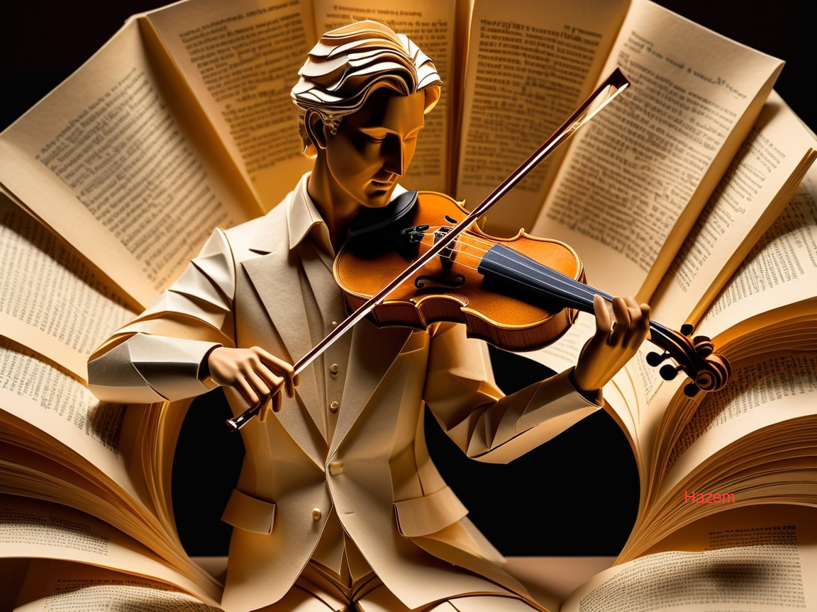 Paper Sculpture of a Violinist Among Book Pages