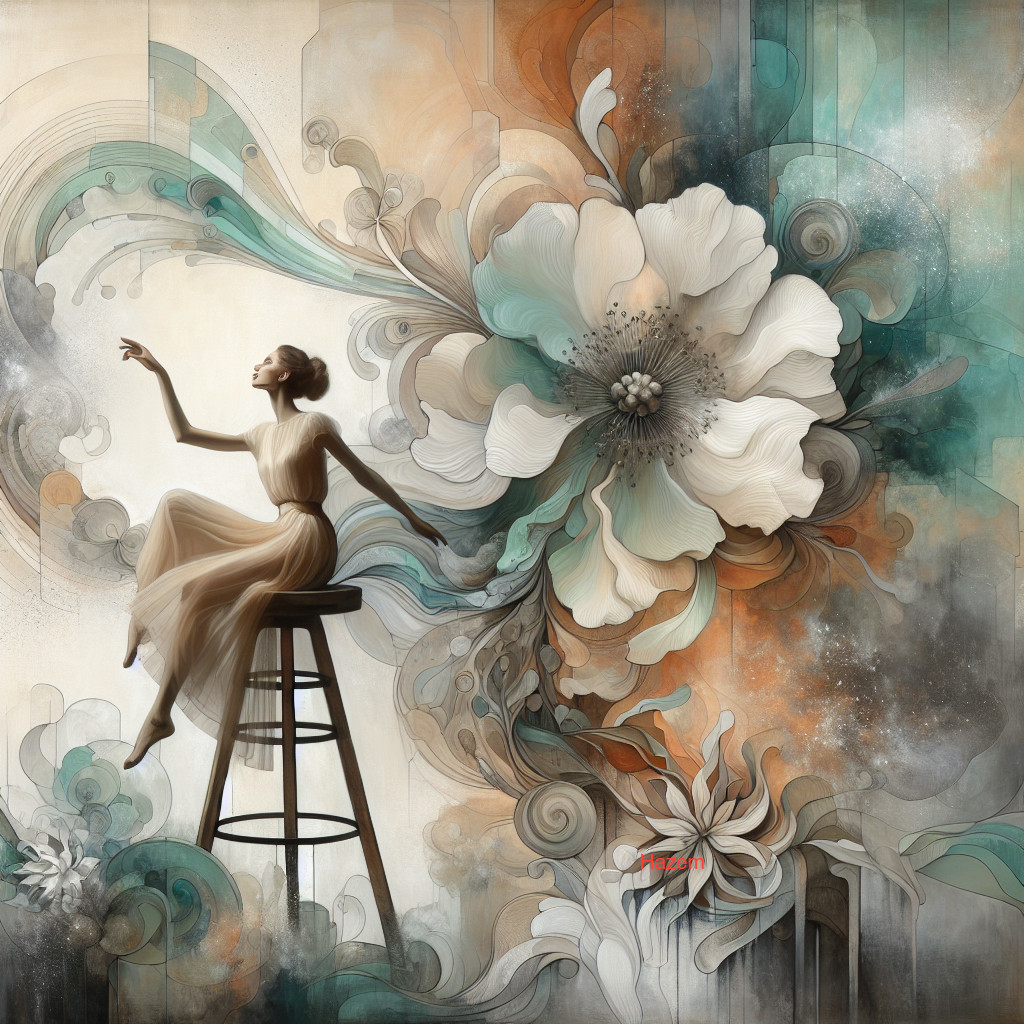 Ethereal gown figure amidst floral designs and soft colors