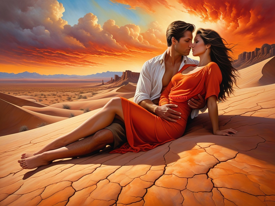 Couple Embraces in Desert at Sunset with Dramatic Sky