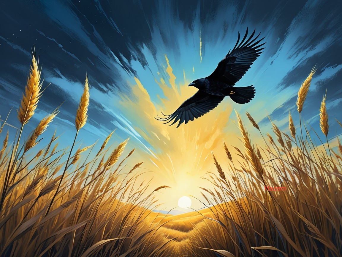Raven Over Golden Wheat Field at Sunrise or Sunset